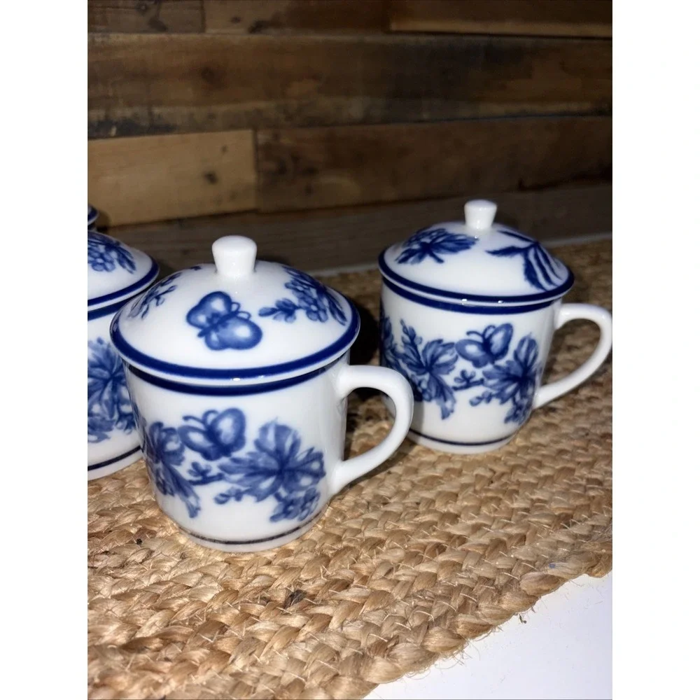 4 Williams Sonoma Flow Blue White Floral Coffee Tea Cup Mug Lids Dishwasher Safe